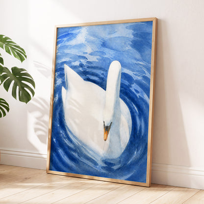 Swan in Sapphire, blue, white, orange nature wall art displayed in a styled interior, gallery view 6