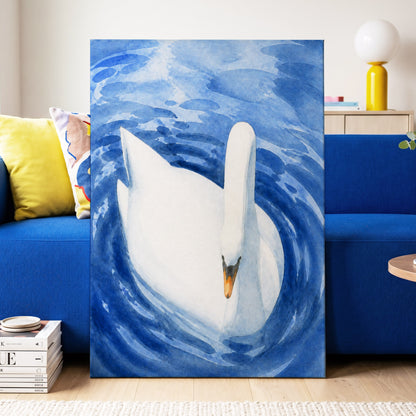 Swan in Sapphire, blue, white, orange nature wall art displayed in a styled interior, gallery view 7
