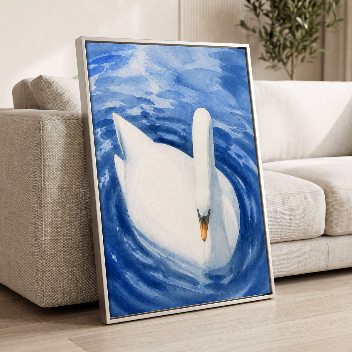Swan in Sapphire, blue, white, orange nature wall art displayed in a styled interior, gallery view 8