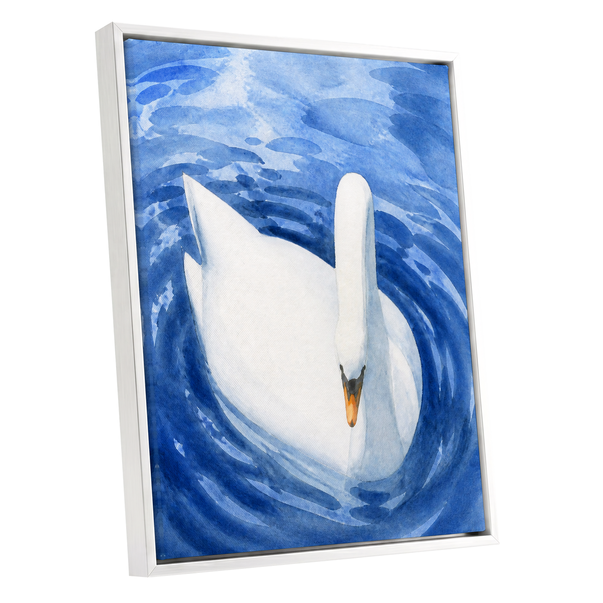 Swan in Sapphire, blue, white, orange nature wall art shown as a white framed canvas wall art