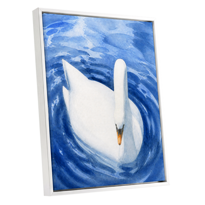 Swan in Sapphire, blue, white, orange nature wall art shown as a white framed canvas wall art