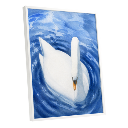 Swan in Sapphire, blue, white, orange nature wall art shown as a white framed poster wall art print
