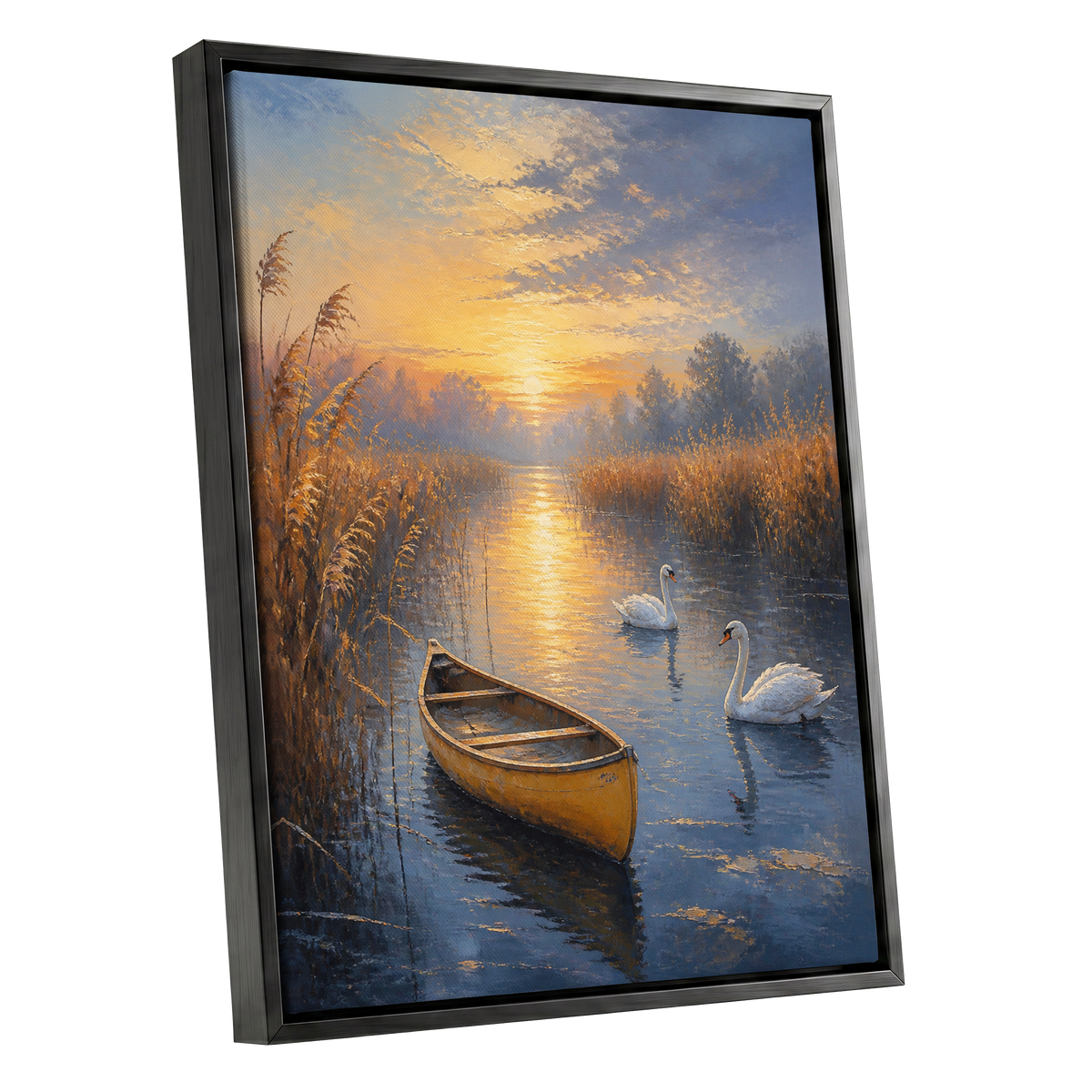 Swanlight on Still Water, blue, gold, brown nature wall art shown as a black framed canvas wall art