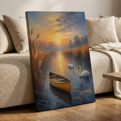 Swanlight on Still Water, blue, gold, brown nature wall art on canvas displayed in a styled interior, gallery view 1