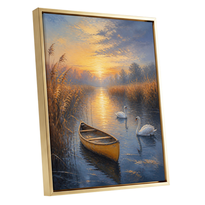 Swanlight on Still Water, blue, gold, brown nature wall art shown as a gold framed canvas wall art