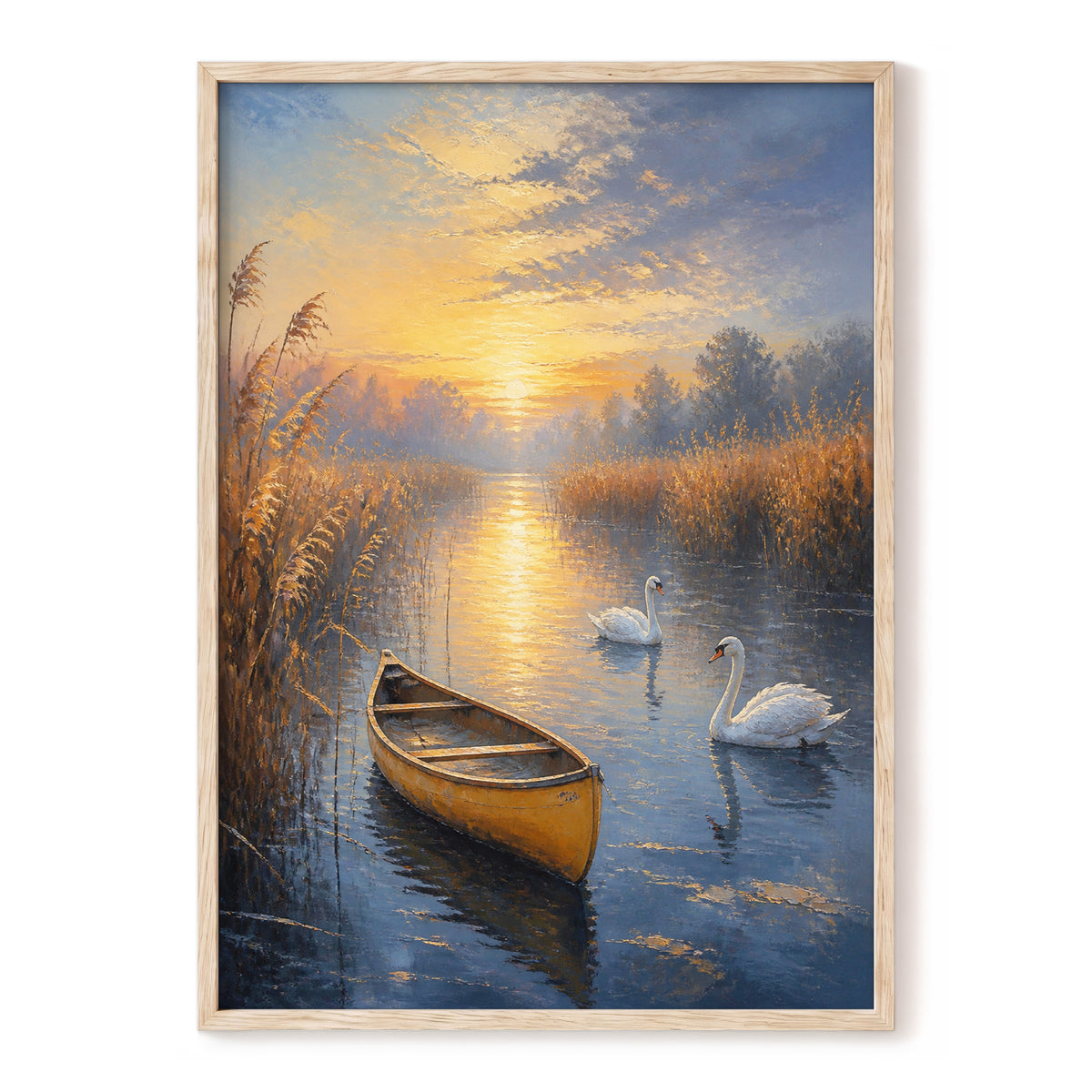 Swanlight on Still Water, blue, gold, brown nature wall art, front artwork view