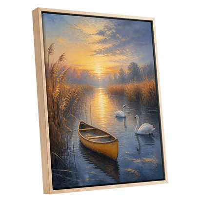 Swanlight on Still Water, blue, gold, brown nature wall art shown as a oak framed canvas wall art