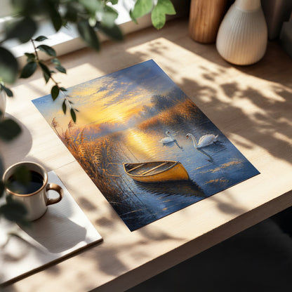 Swanlight on Still Water, blue, gold, brown nature wall art displayed in a styled interior, gallery view 1