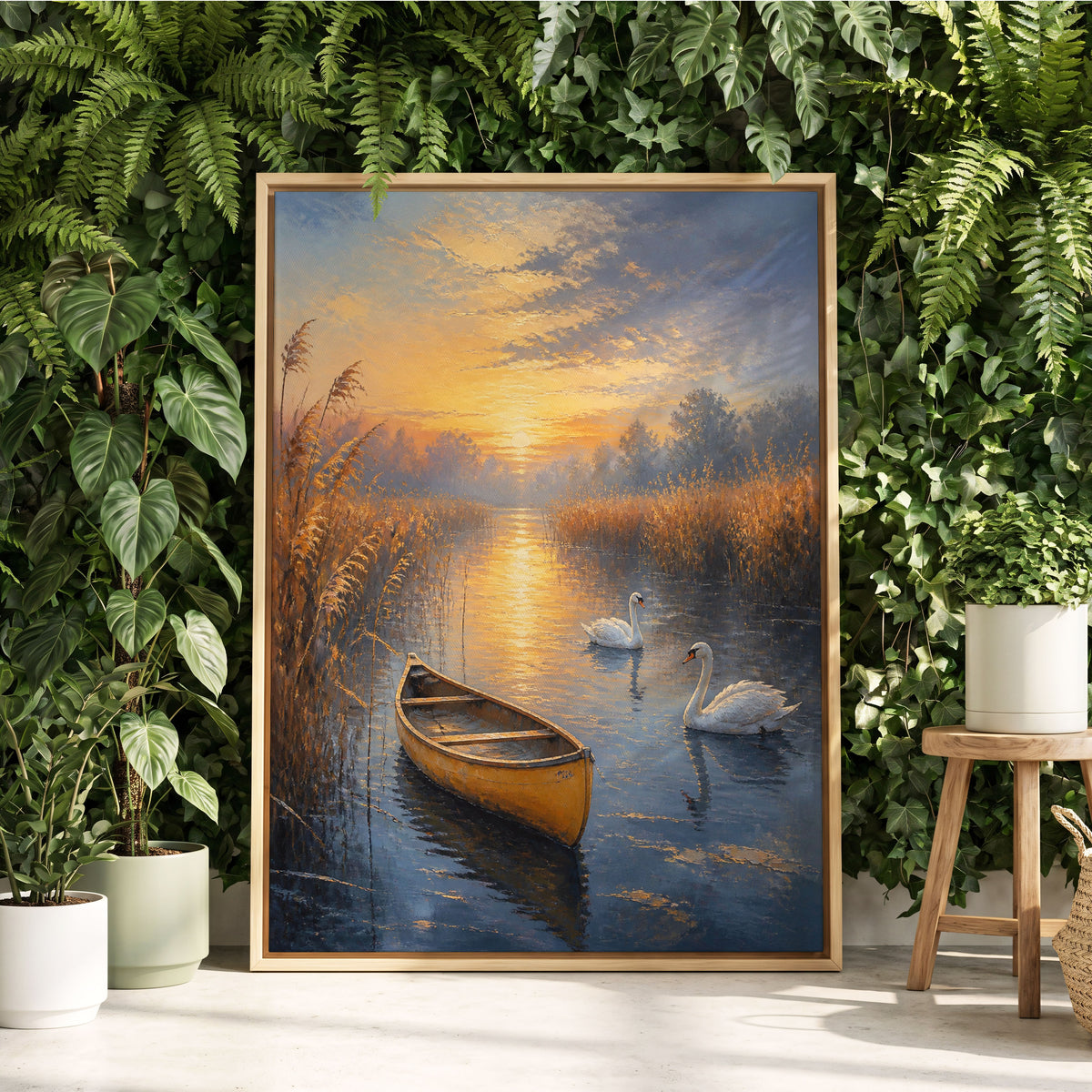 Swanlight on Still Water, blue, gold, brown nature wall art displayed in a styled interior, gallery view 2