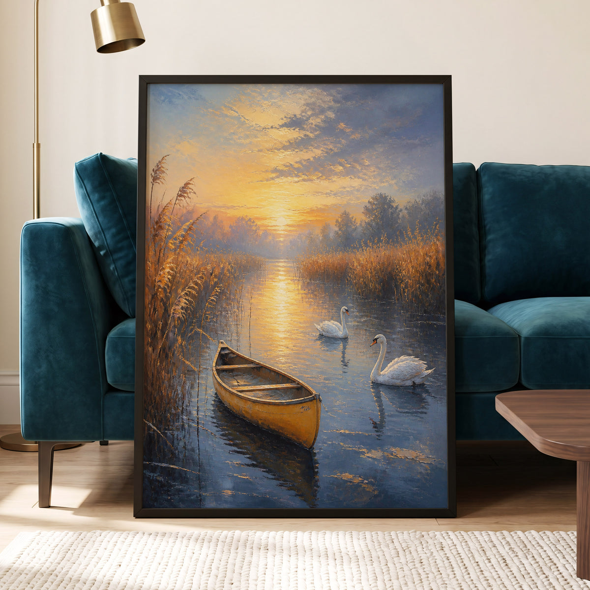 Swanlight on Still Water, blue, gold, brown nature wall art displayed in a styled interior, gallery view 4