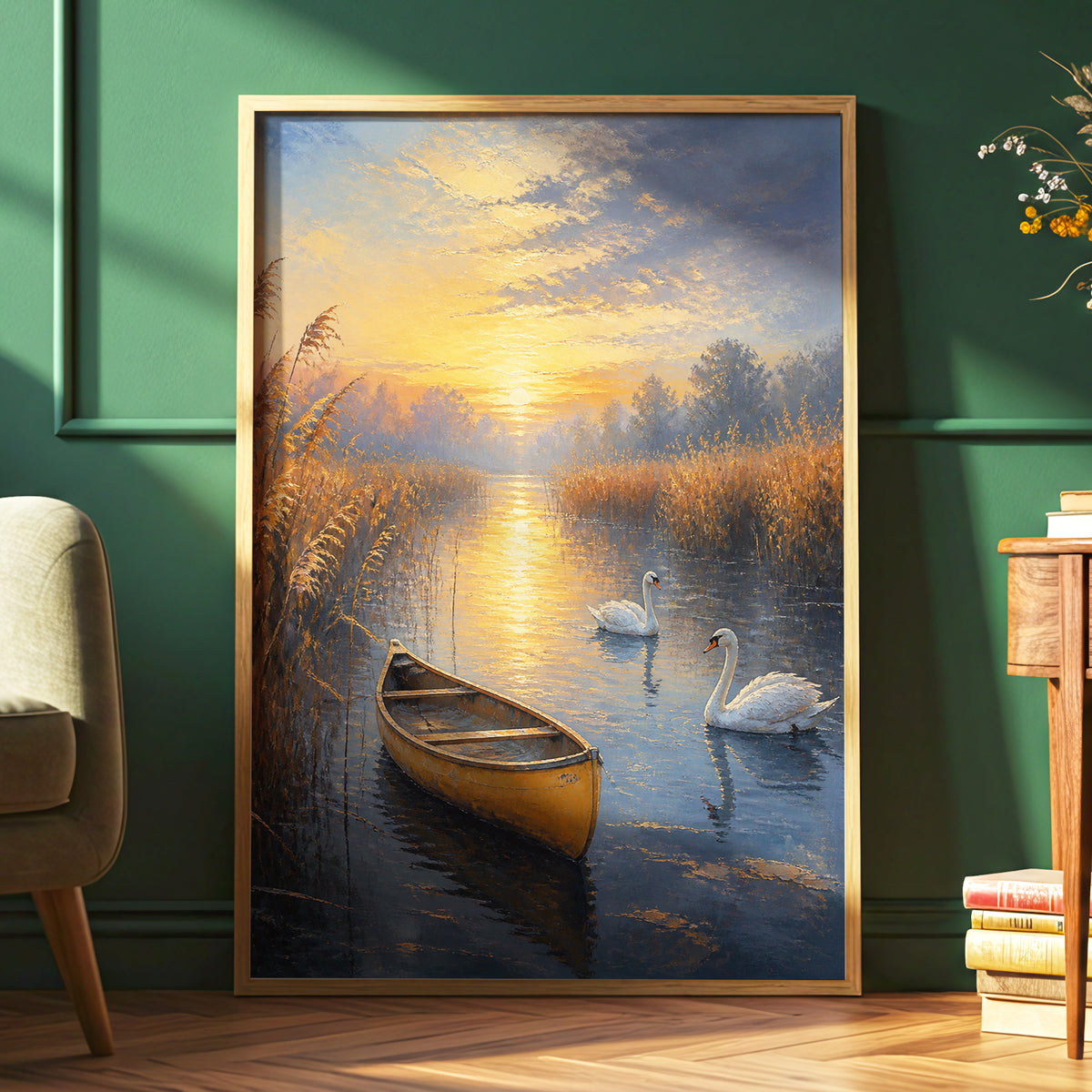 Swanlight on Still Water, blue, gold, brown nature wall art displayed in a styled interior, gallery view 6