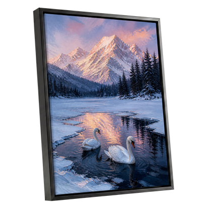 Swans at Alpine Dusk, blue, white, pink nature wall art shown as a black framed canvas wall art