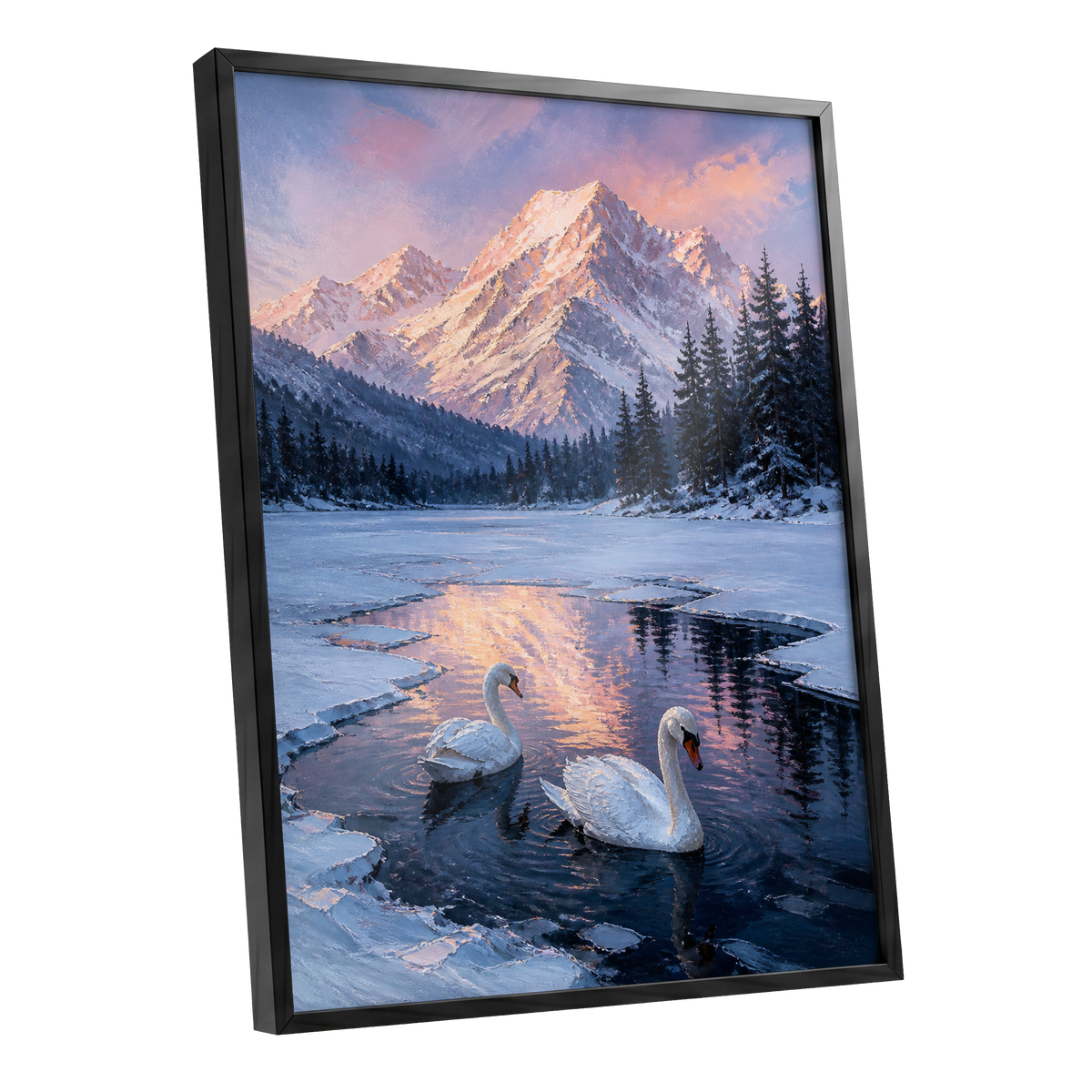 Swans at Alpine Dusk, blue, white, pink nature wall art shown as a black framed poster wall art print