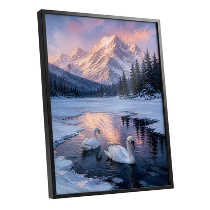 Swans at Alpine Dusk, blue, white, pink nature wall art shown as a black framed poster wall art print