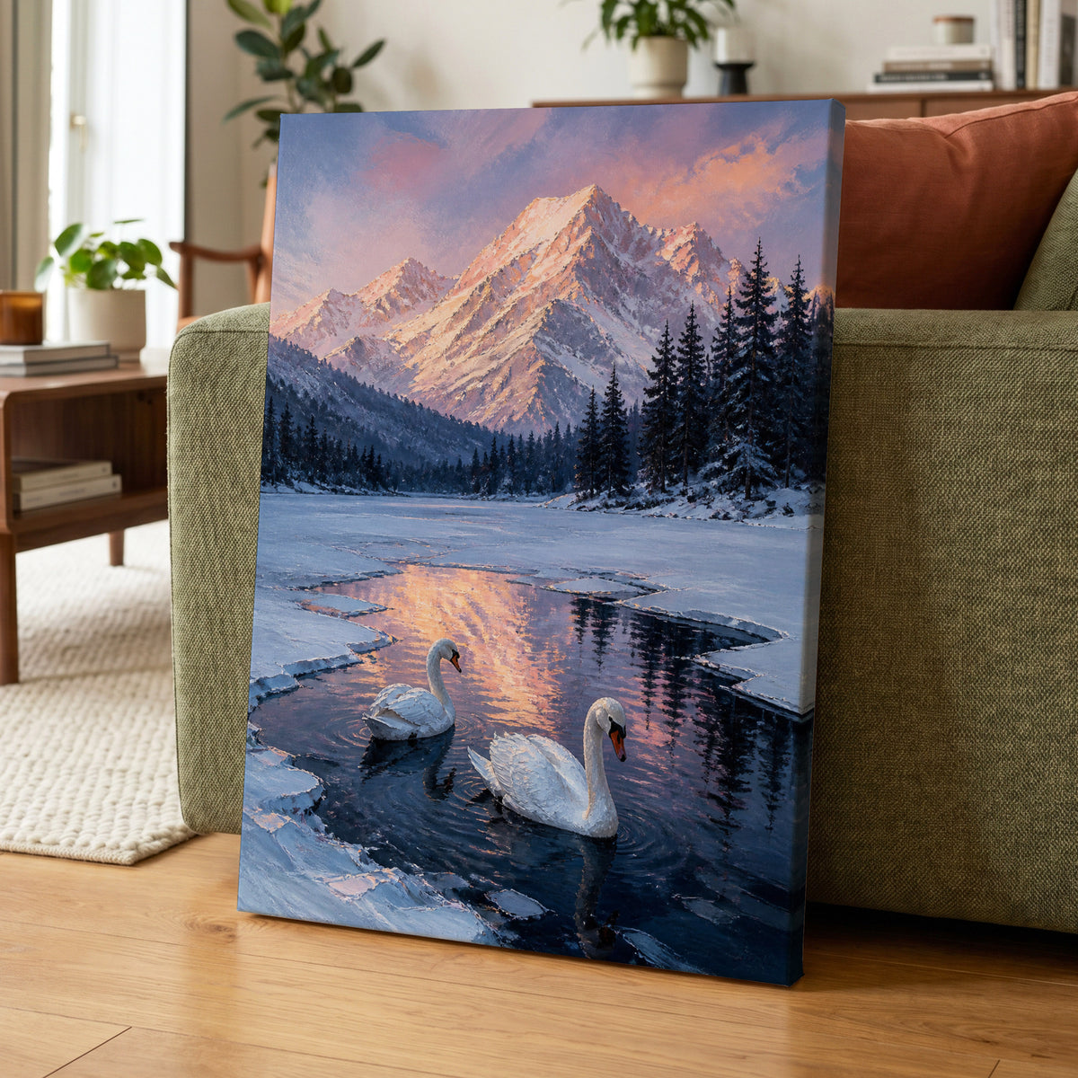 Swans at Alpine Dusk, blue, white, pink nature wall art on canvas displayed in a styled interior, gallery view 1