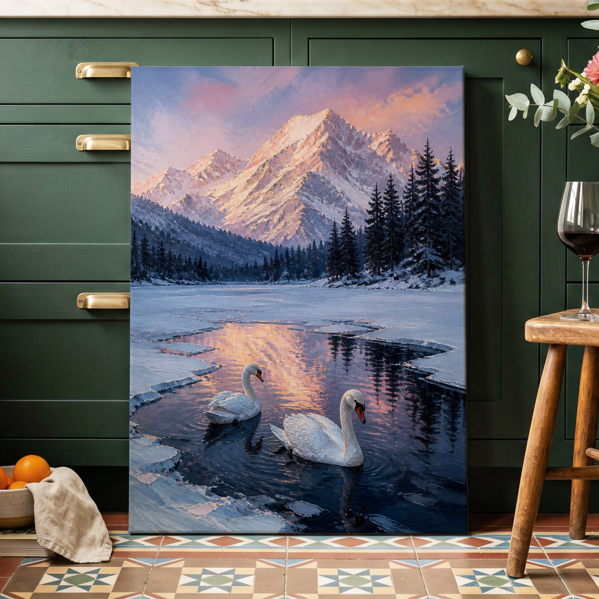 Swans at Alpine Dusk, blue, white, pink nature wall art on canvas displayed in a styled interior, gallery view 2