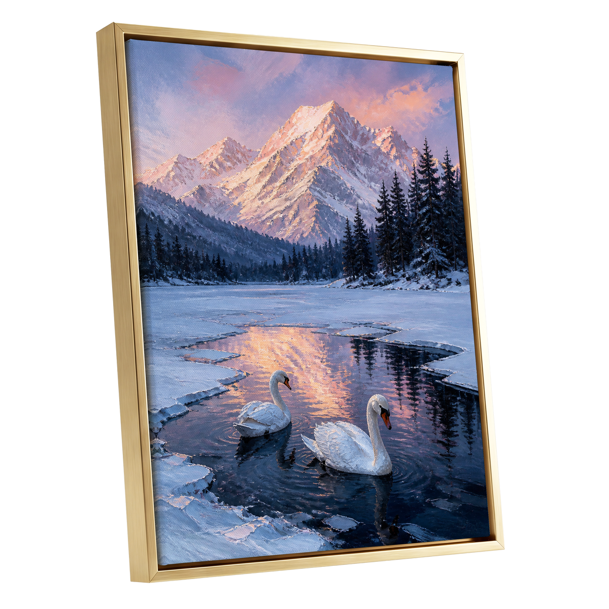 Swans at Alpine Dusk, blue, white, pink nature wall art shown as a gold framed canvas wall art