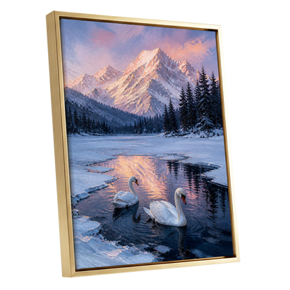 Swans at Alpine Dusk, blue, white, pink nature wall art shown as a gold framed canvas wall art
