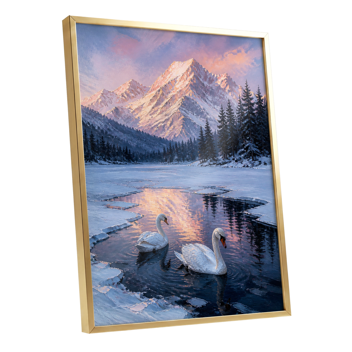 Swans at Alpine Dusk, blue, white, pink nature wall art shown as a gold framed poster wall art print