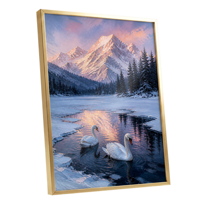 Swans at Alpine Dusk, blue, white, pink nature wall art shown as a gold framed poster wall art print
