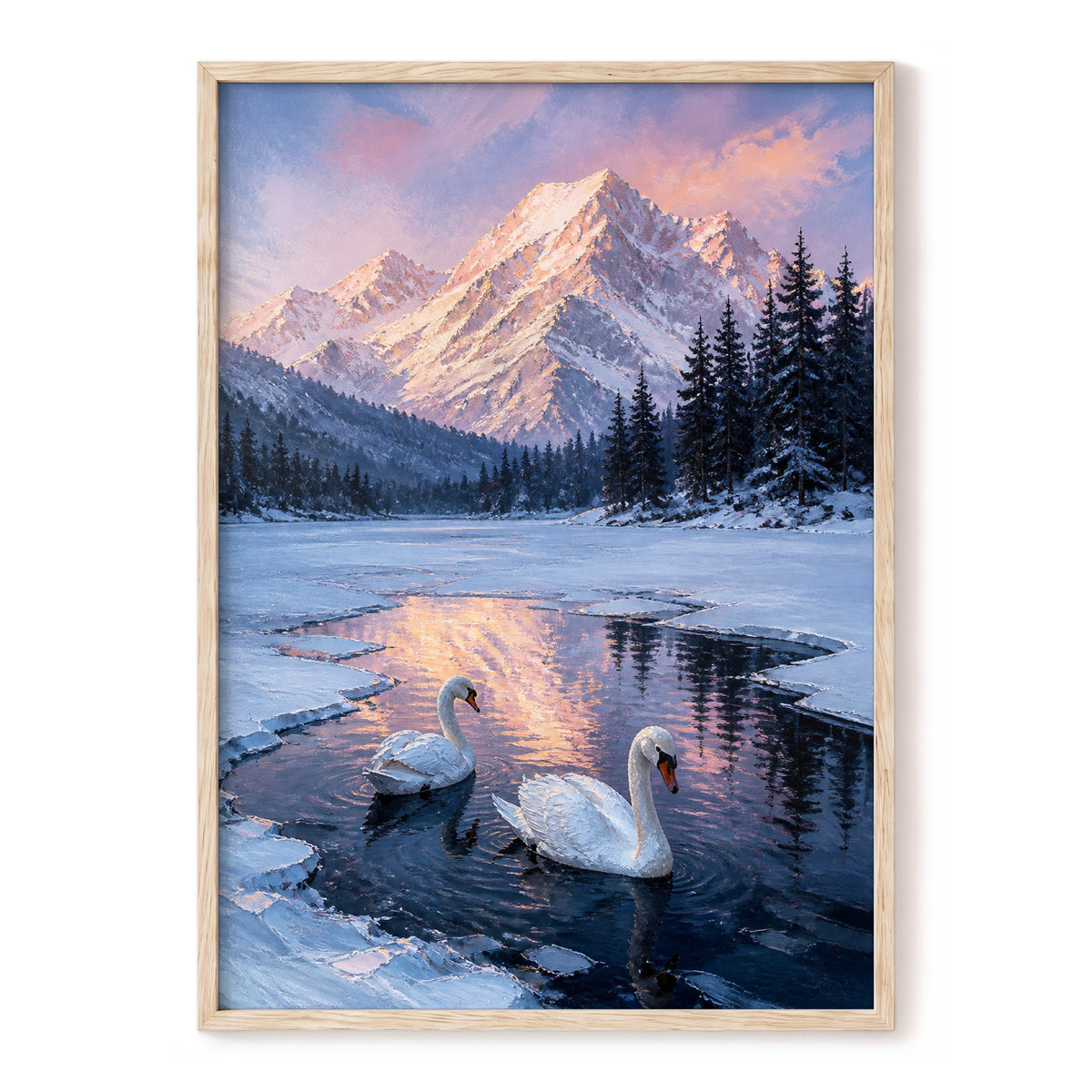 Swans at Alpine Dusk, blue, white, pink nature wall art, front artwork view