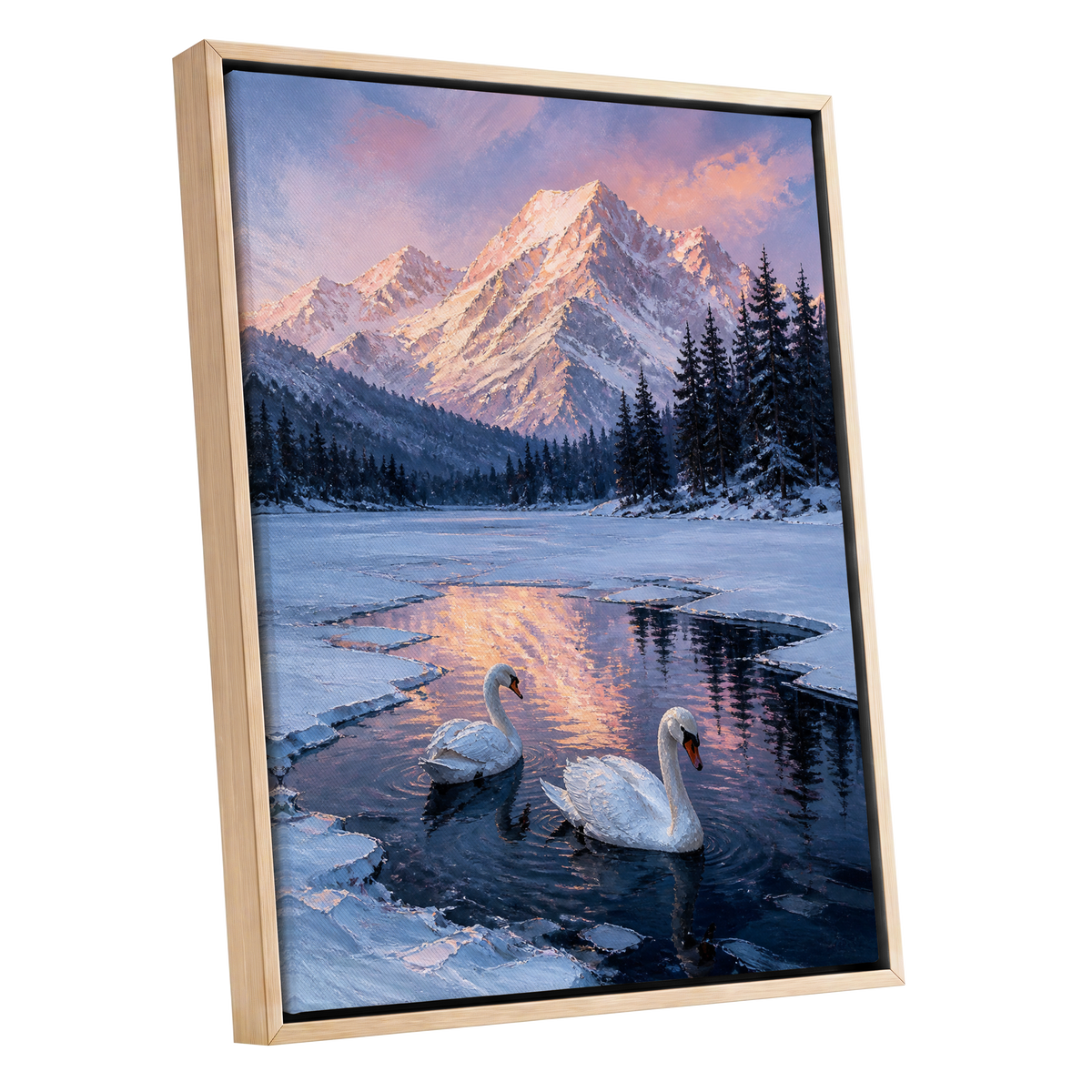 Swans at Alpine Dusk, blue, white, pink nature wall art shown as a oak framed canvas wall art