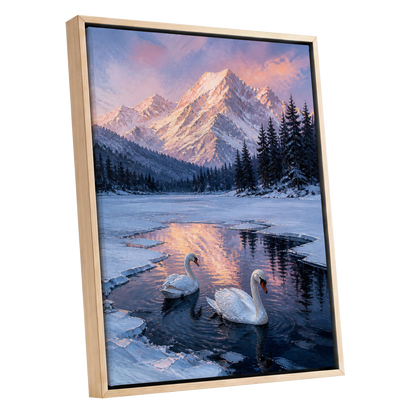 Swans at Alpine Dusk, blue, white, pink nature wall art shown as a oak framed canvas wall art