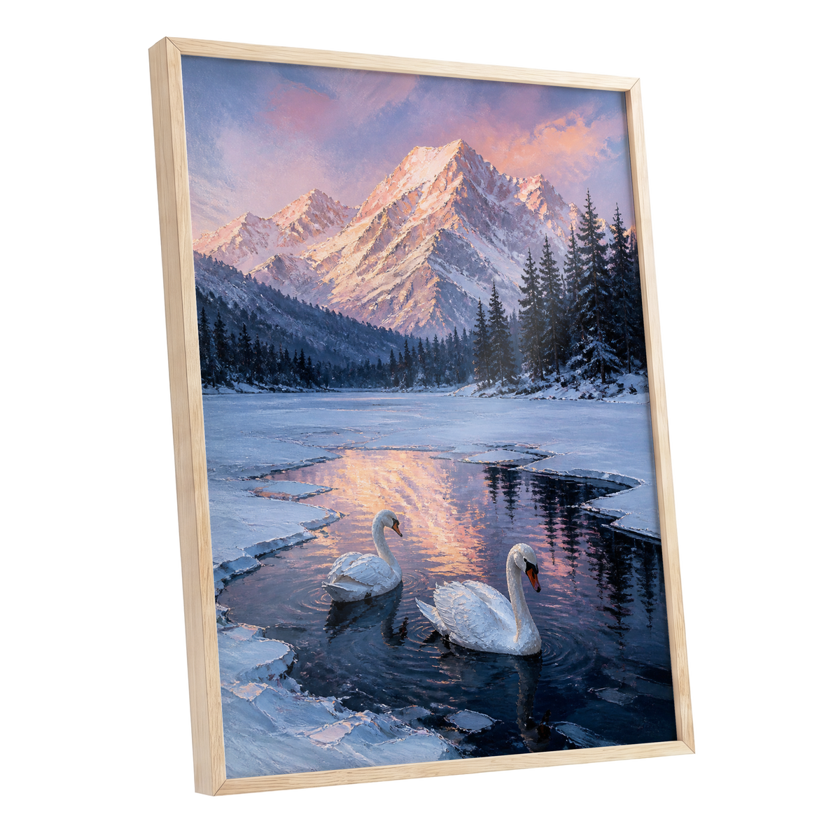 Swans at Alpine Dusk, blue, white, pink nature wall art shown as a oak framed poster wall art print