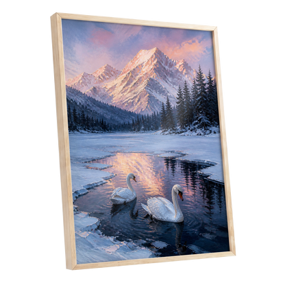 Swans at Alpine Dusk, blue, white, pink nature wall art shown as a oak framed poster wall art print