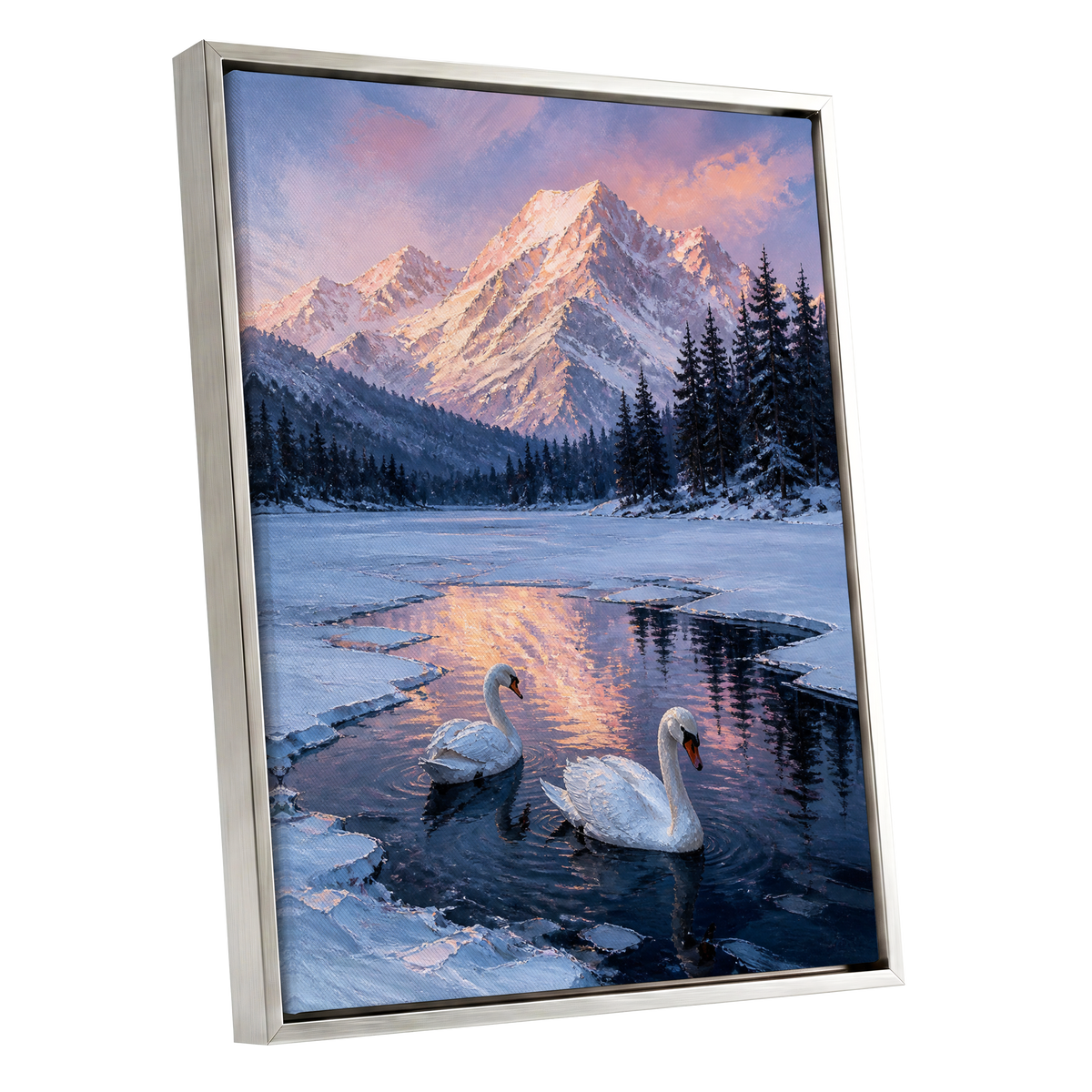 Swans at Alpine Dusk, blue, white, pink nature wall art shown as a silver framed canvas wall art