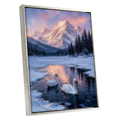 Swans at Alpine Dusk, blue, white, pink nature wall art shown as a silver framed canvas wall art