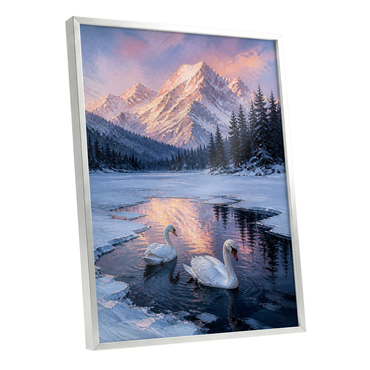 Swans at Alpine Dusk, blue, white, pink nature wall art shown as a silver framed poster wall art print