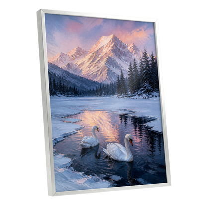 Swans at Alpine Dusk, blue, white, pink nature wall art shown as a silver framed poster wall art print