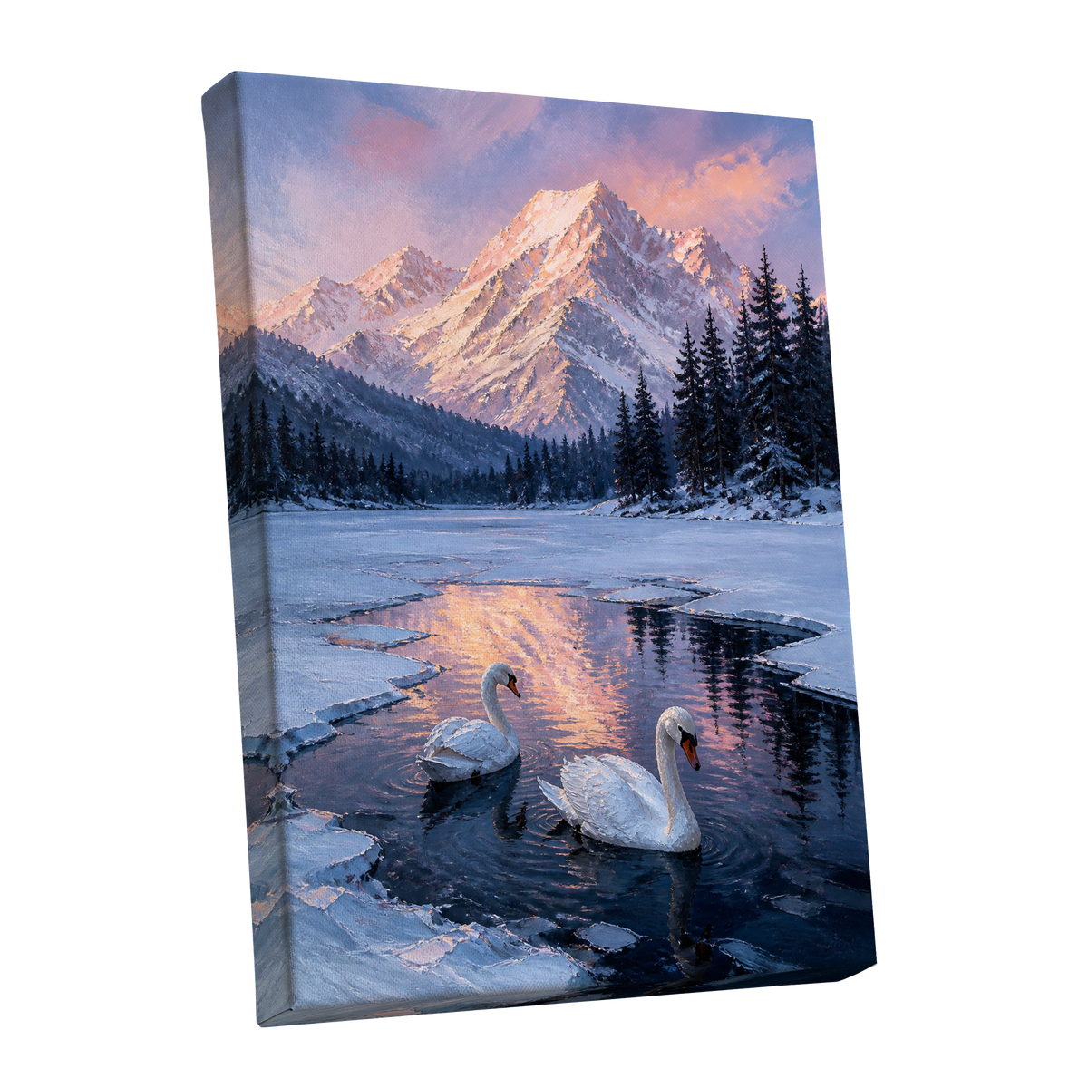 Swans at Alpine Dusk, blue, white, pink nature wall art shown as a stretched canvas wall art