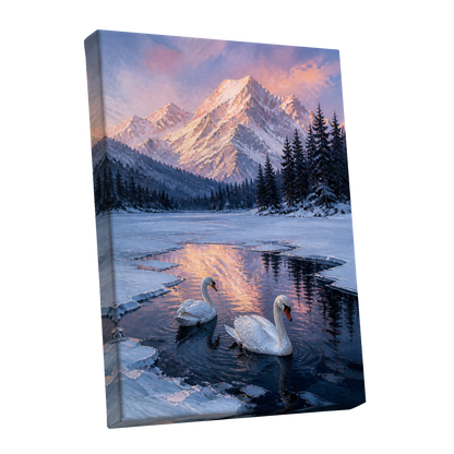Swans at Alpine Dusk, blue, white, pink nature wall art shown as a stretched canvas wall art