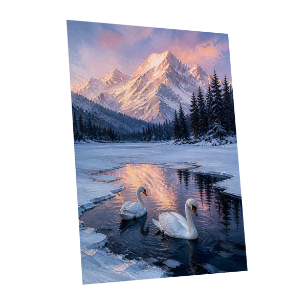 Swans at Alpine Dusk, blue, white, pink nature wall art shown as a unframed poster wall art print