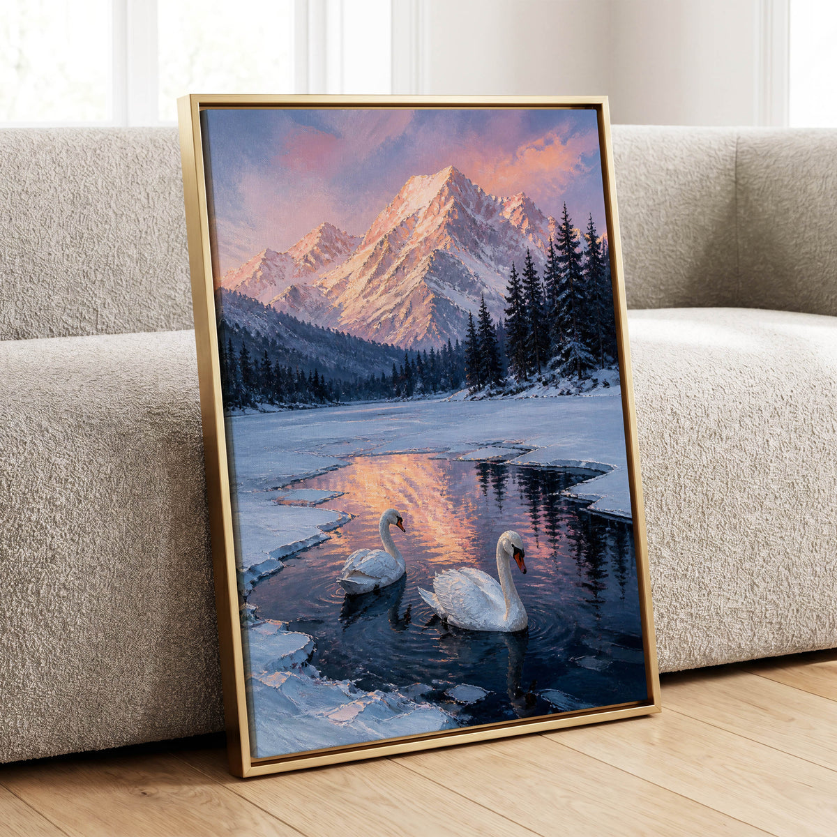 Swans at Alpine Dusk, blue, white, pink nature wall art displayed in a styled interior, gallery view 1