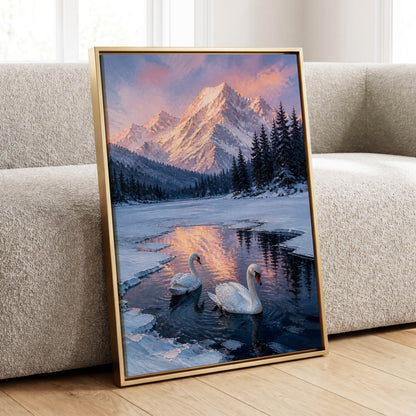 Swans at Alpine Dusk, blue, white, pink nature wall art displayed in a styled interior, gallery view 1