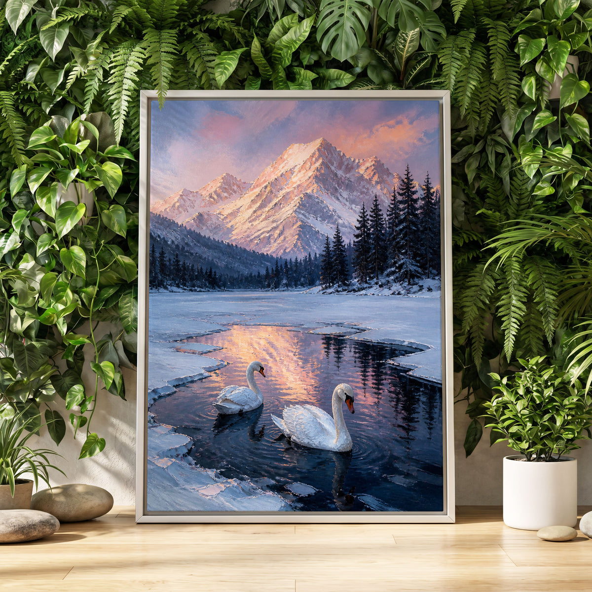 Swans at Alpine Dusk, blue, white, pink nature wall art displayed in a styled interior, gallery view 2