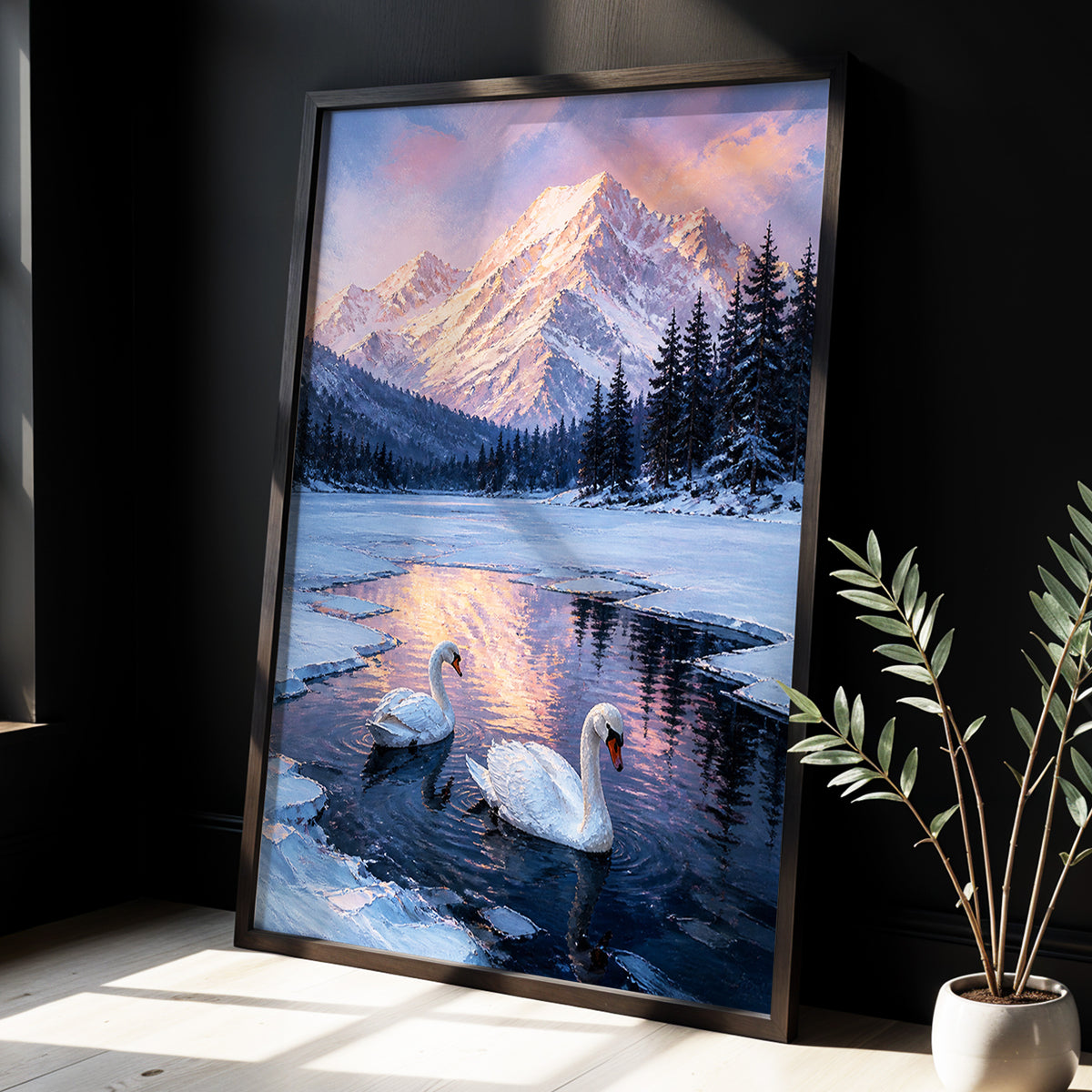 Swans at Alpine Dusk, blue, white, pink nature wall art displayed in a styled interior, gallery view 3