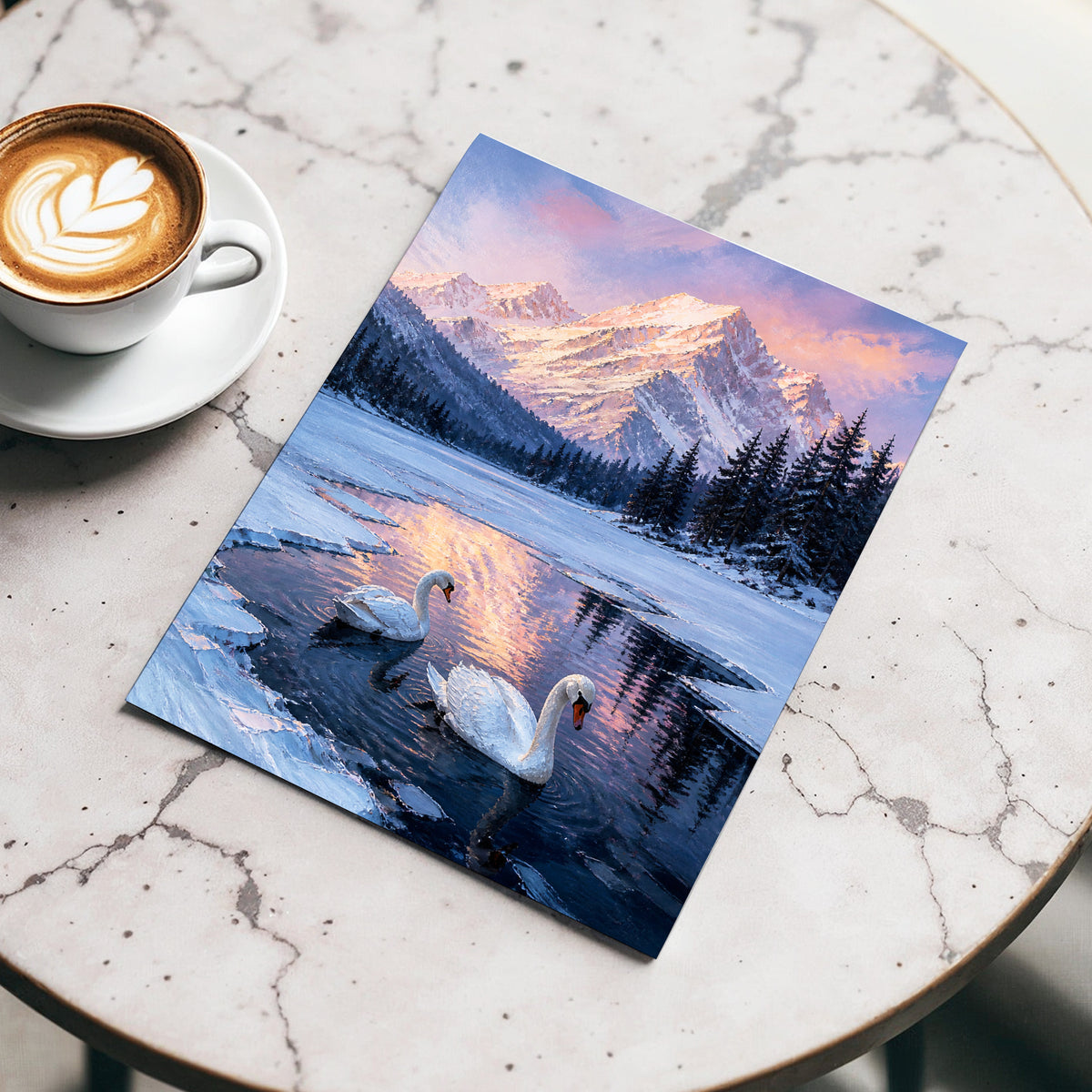 Swans at Alpine Dusk, blue, white, pink nature wall art displayed in a styled interior, gallery view 4