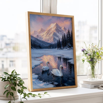 Swans at Alpine Dusk, blue, white, pink nature wall art displayed in a styled interior, gallery view 5