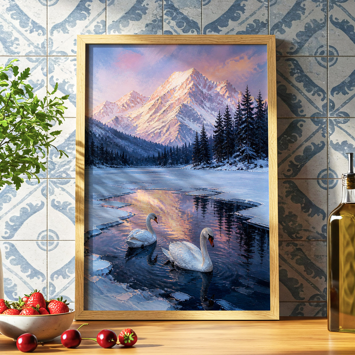 Swans at Alpine Dusk, blue, white, pink nature wall art displayed in a styled interior, gallery view 6