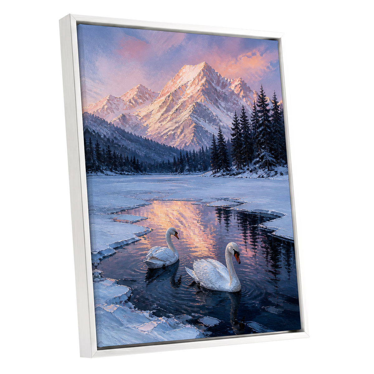 Swans at Alpine Dusk, blue, white, pink nature wall art shown as a white framed canvas wall art