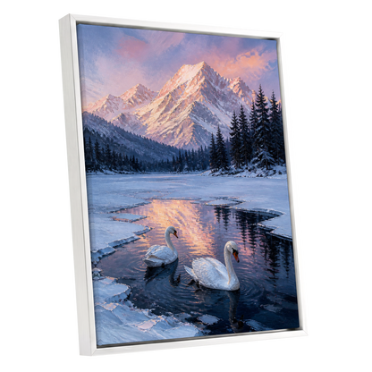 Swans at Alpine Dusk, blue, white, pink nature wall art shown as a white framed canvas wall art