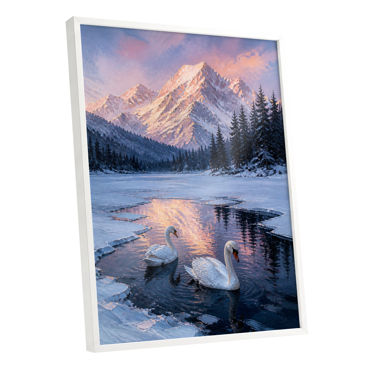 Swans at Alpine Dusk, blue, white, pink nature wall art shown as a white framed poster wall art print