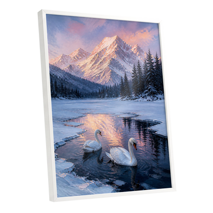 Swans at Alpine Dusk, blue, white, pink nature wall art shown as a white framed poster wall art print
