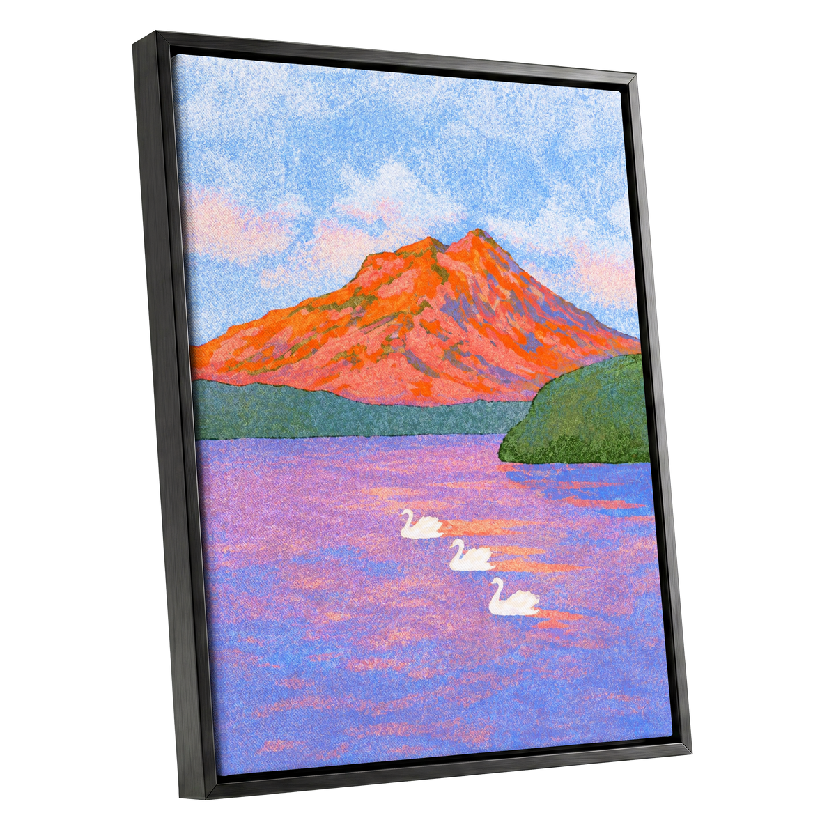 Swans Beneath Coral Peaks, blue, pink, orange nature wall art shown as a black framed canvas wall art