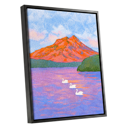 Swans Beneath Coral Peaks, blue, pink, orange nature wall art shown as a black framed canvas wall art