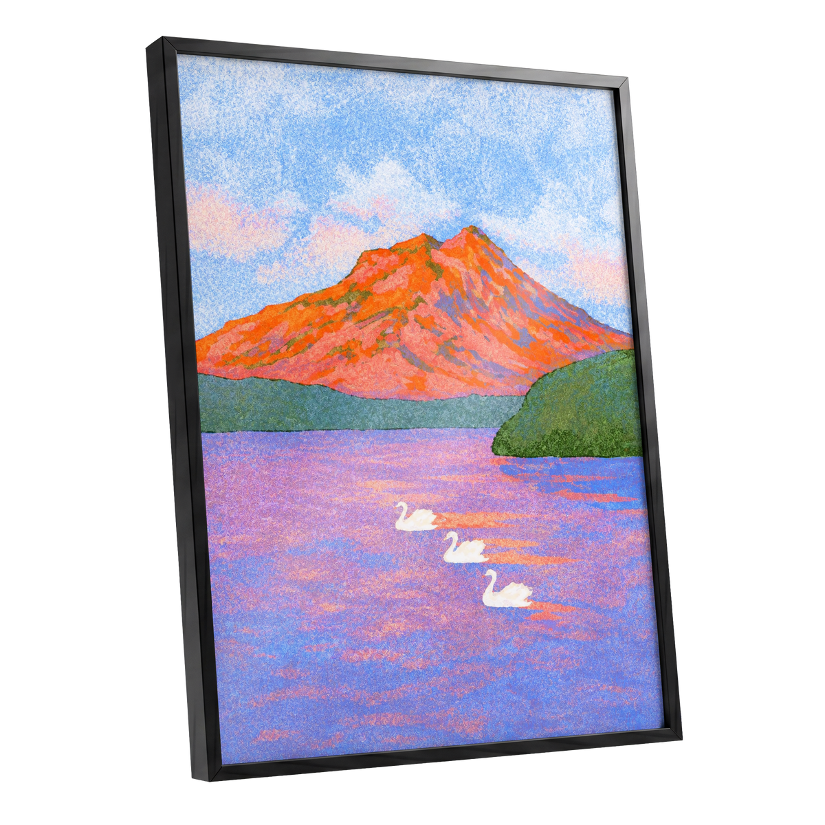 Swans Beneath Coral Peaks, blue, pink, orange nature wall art shown as a black framed poster wall art print